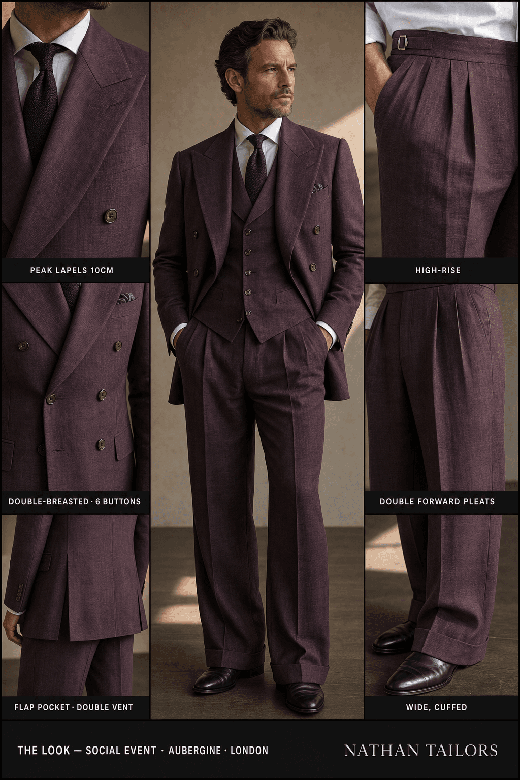 aubergine double-breasted peak-lapel online custom suit — designed online at RemoteSuit. Made-to-measure online custom suit available from $129.