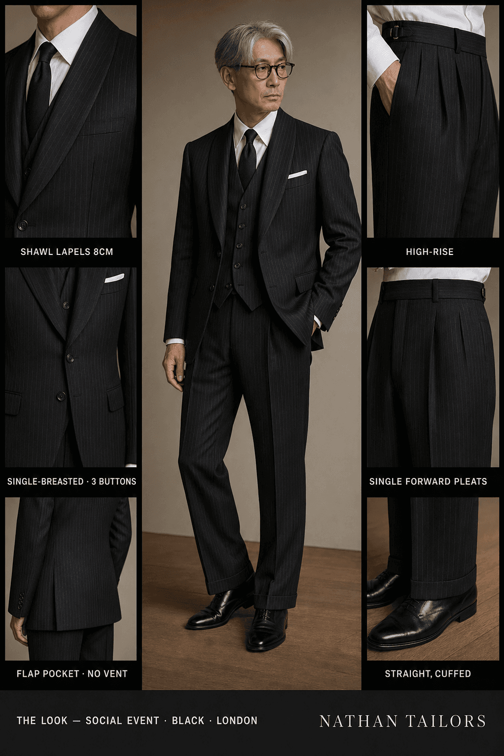 black pinstripe single-breasted shawl-lapel online custom suit — designed online at RemoteSuit. Made-to-measure online custom suit available from $109.
