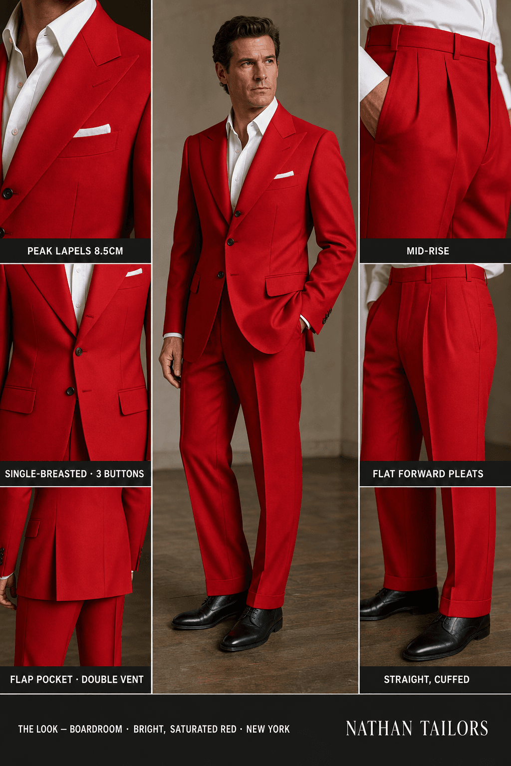Bright, saturated red single-breasted peak-lapel online custom suit — designed online at RemoteSuit. Made-to-measure online custom suit available from $129.