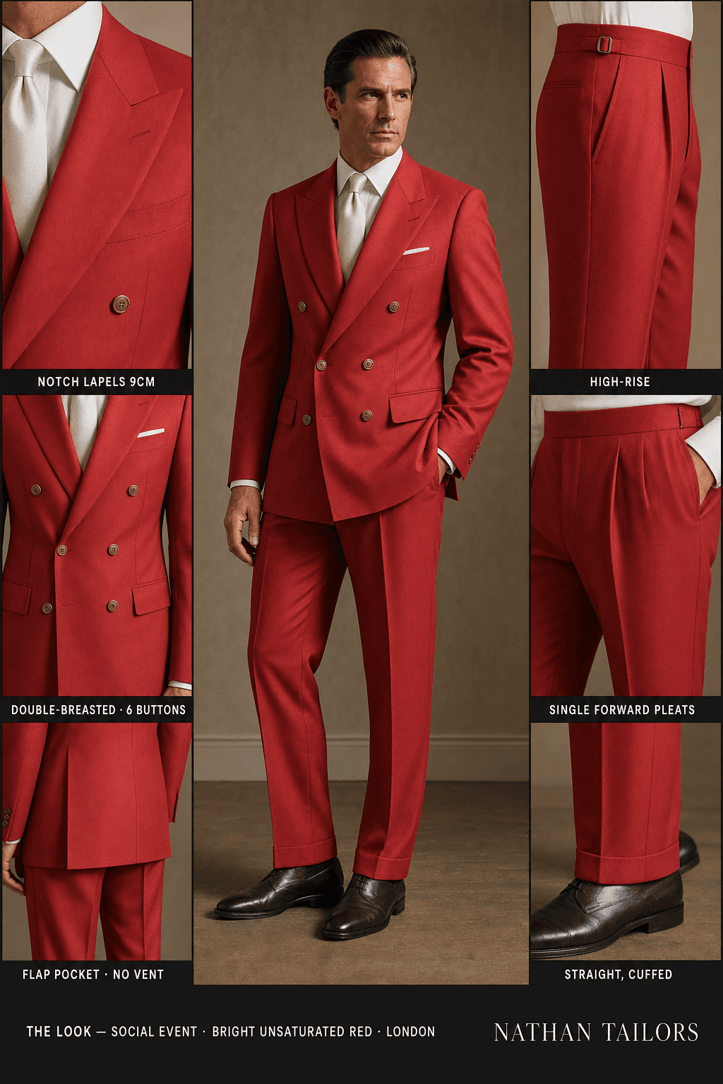 Bright unsaturated red double-breasted notch-lapel online custom suit — designed online at RemoteSuit. Made-to-measure online custom suit available from $129.