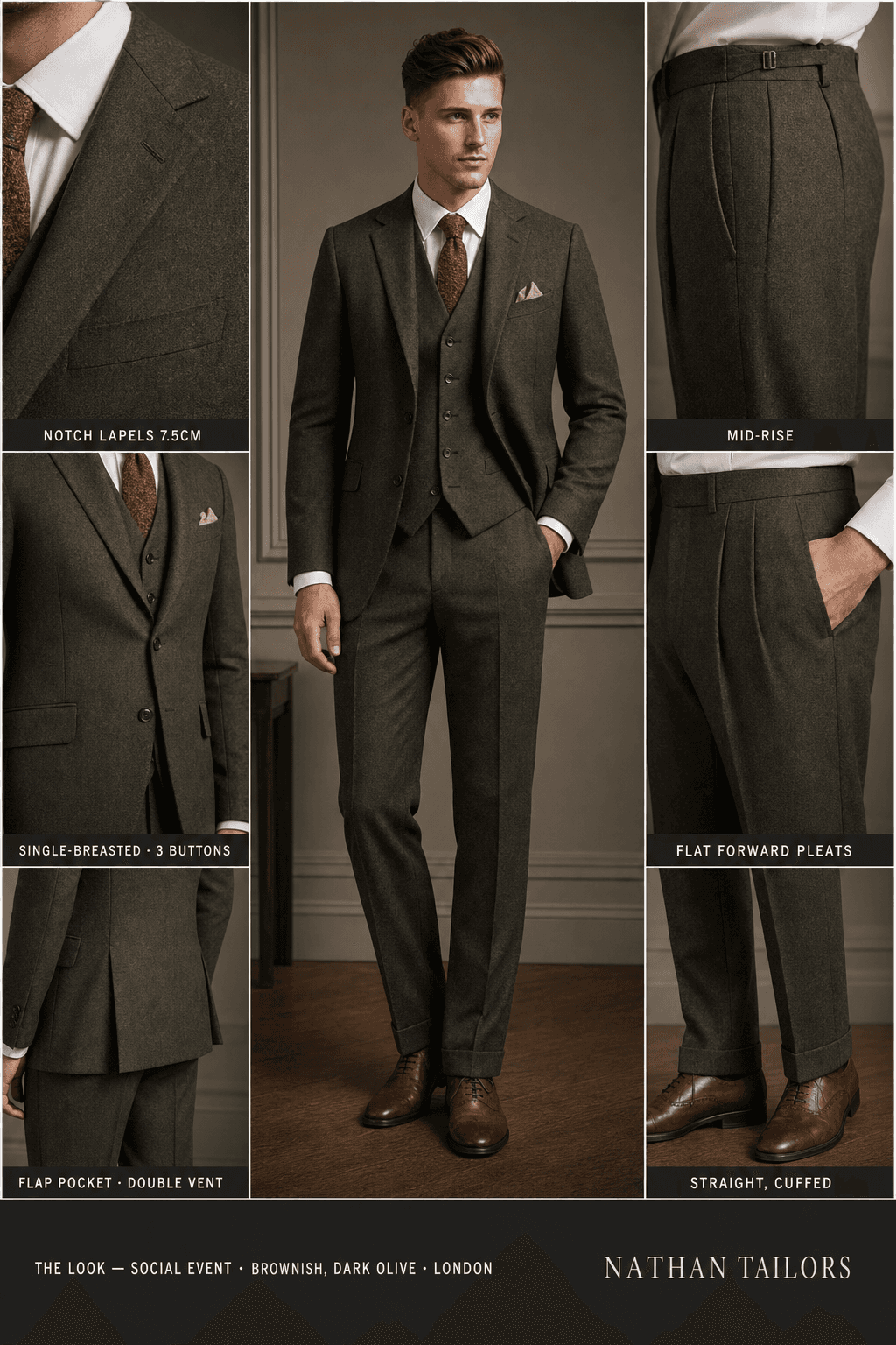 Brownish, Dark Olive single-breasted notch-lapel online custom suit — designed online at RemoteSuit. Made-to-measure online custom suit available from $129.