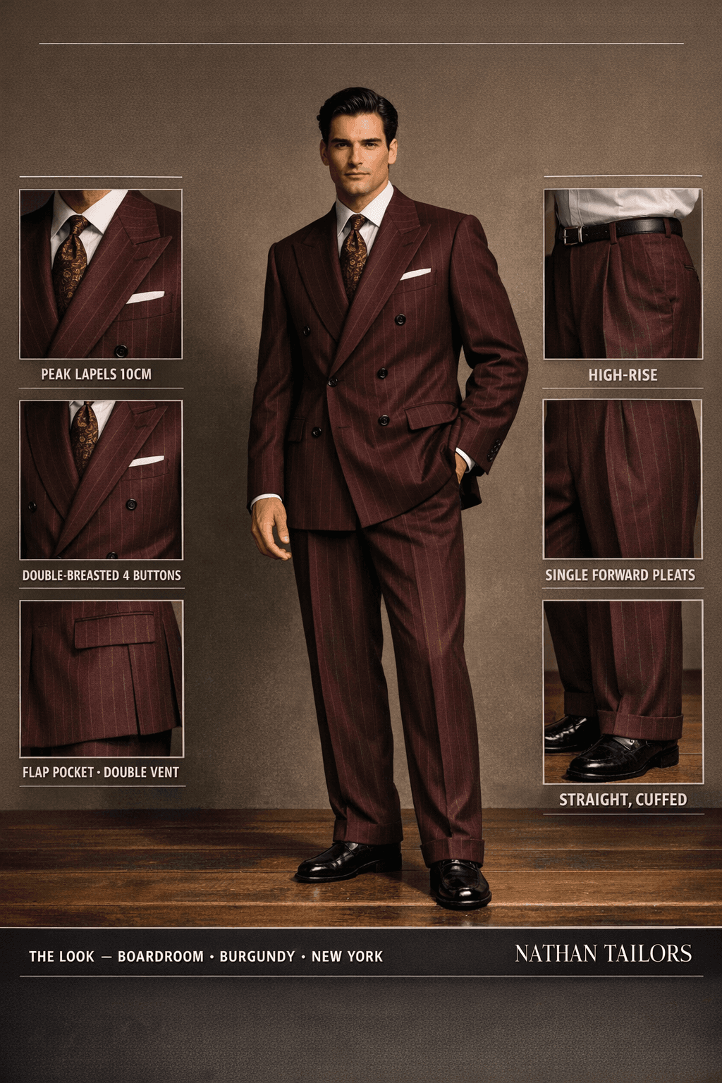 burgundy double-breasted online custom suit — designed at RemoteSuit, made to measure online