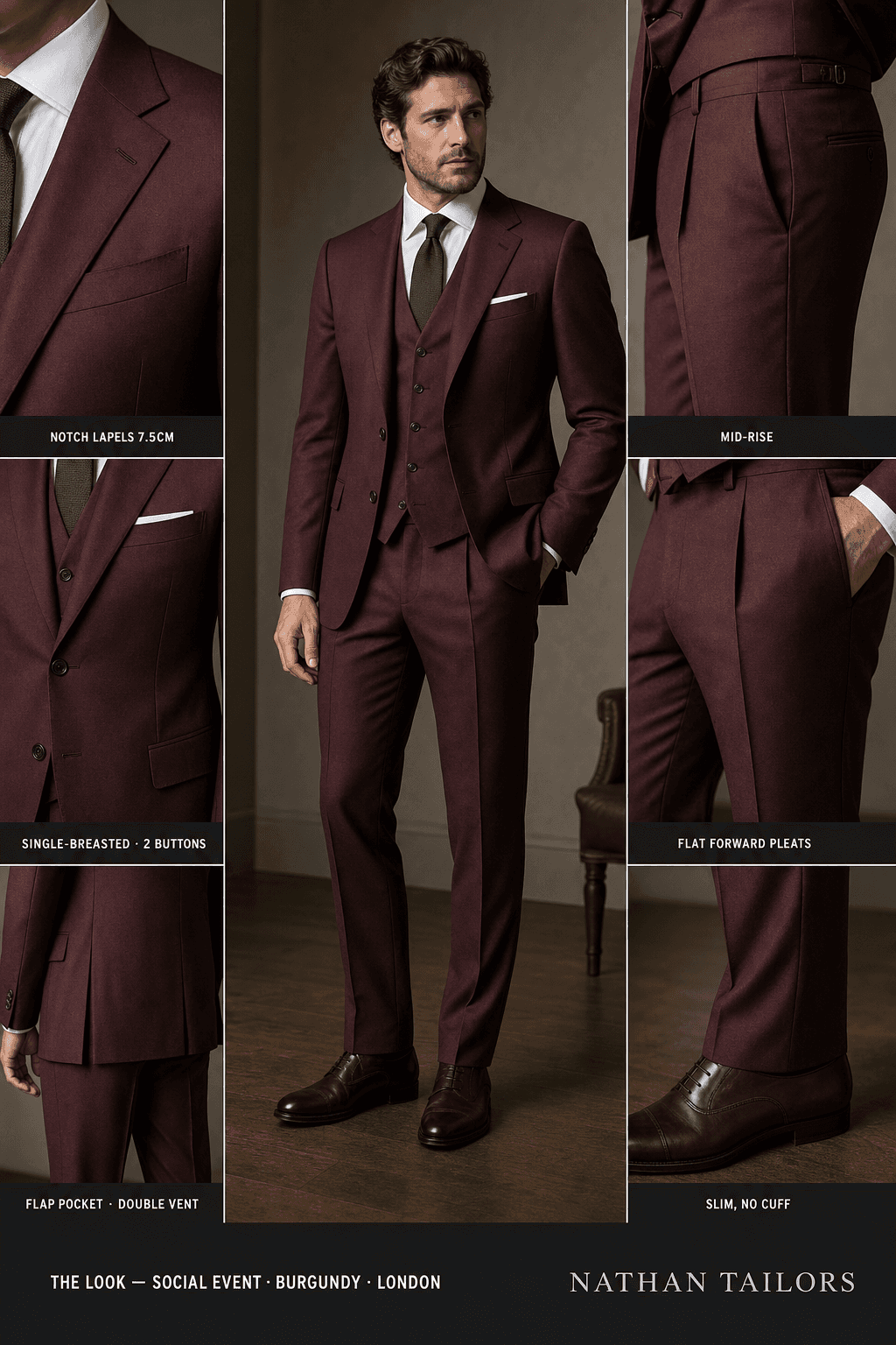 burgundy single-breasted notch-lapel online custom suit — designed online at RemoteSuit. Made-to-measure online custom suit available from $129.