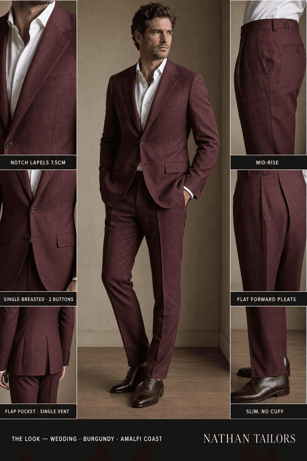 burgundy single-breasted notch-lapel online custom suit — designed online at RemoteSuit. Made-to-measure online custom suit available from $129.