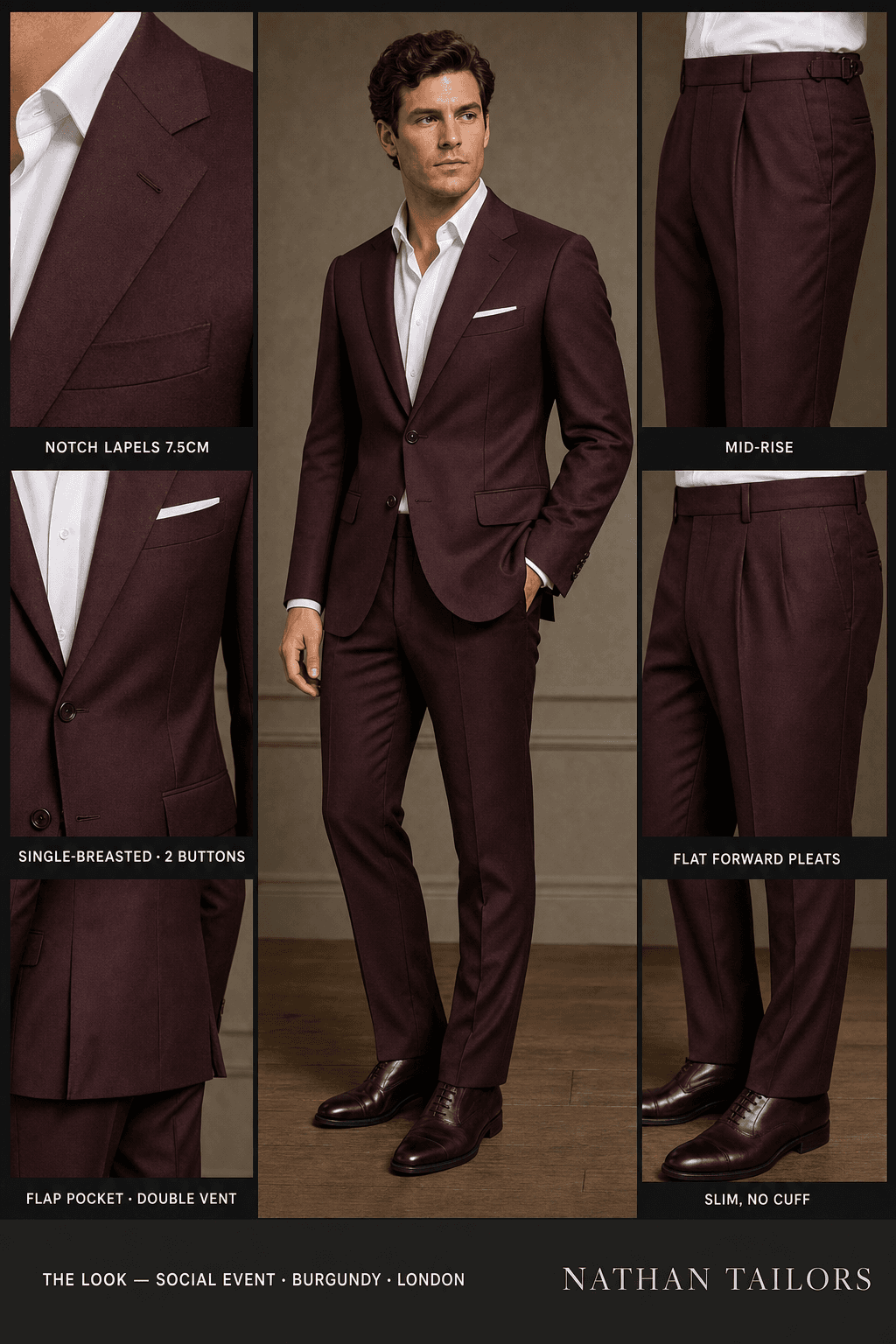 burgundy single-breasted notch-lapel online custom suit — designed online at RemoteSuit. Made-to-measure online custom suit available from $129.