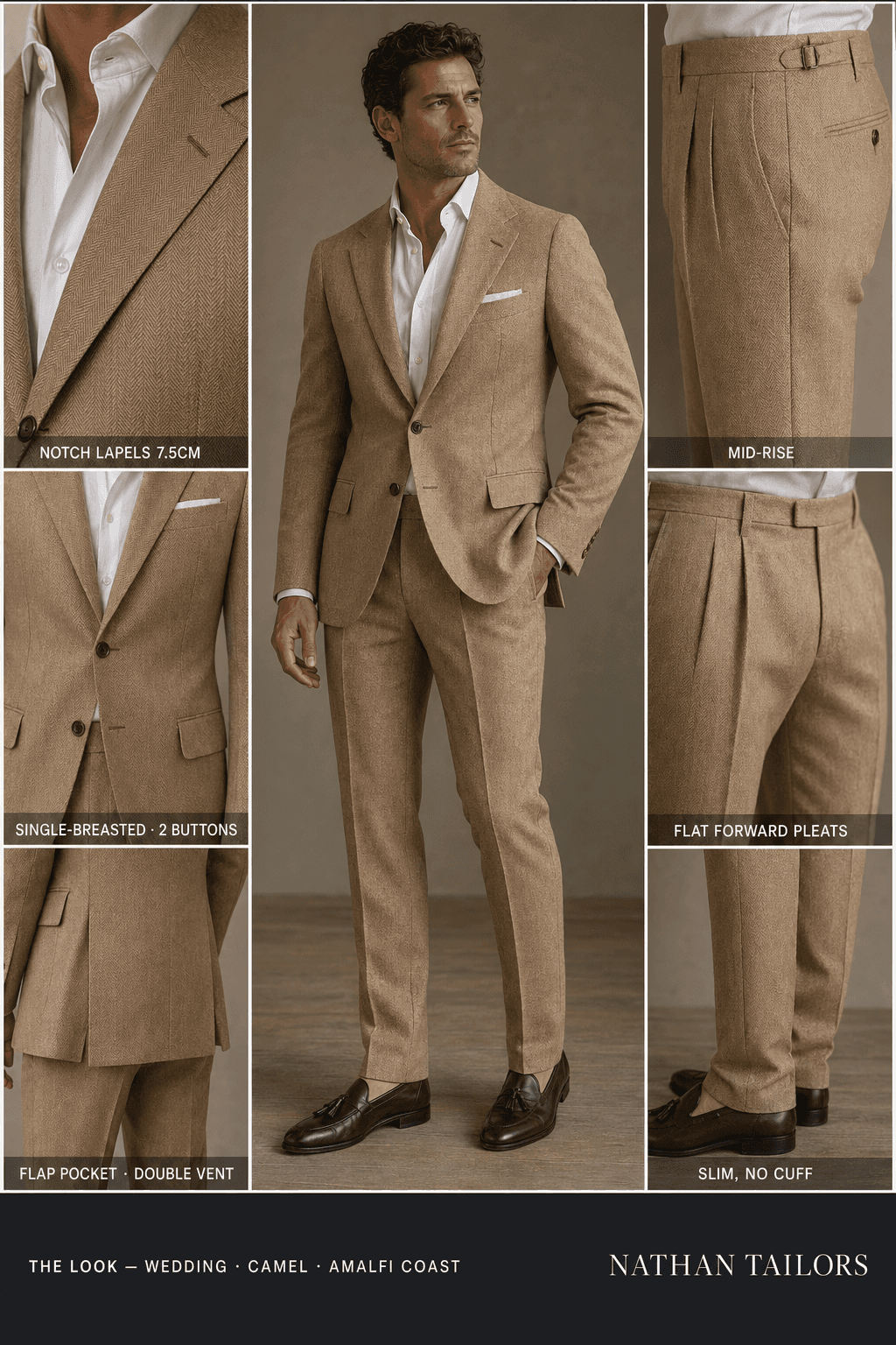 camel herringbone single-breasted notch-lapel online custom suit — designed online at RemoteSuit. Made-to-measure online custom suit available from $109.