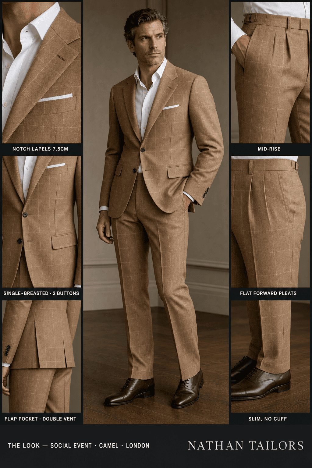 camel windowpane single-breasted notch-lapel online custom suit — designed online at RemoteSuit. Made-to-measure online custom suit available from $129.