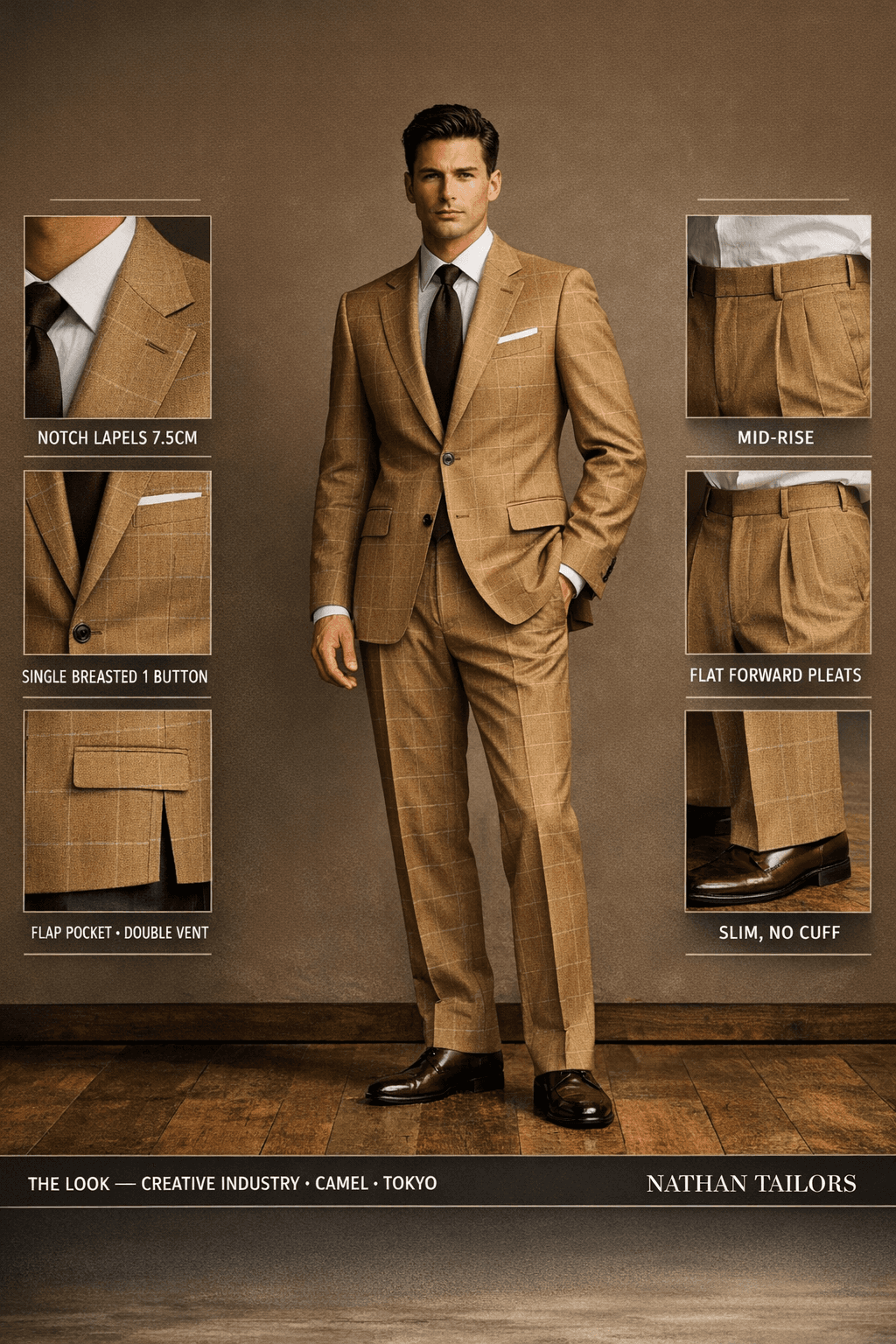 camel single-breasted online custom suit — designed at RemoteSuit, made to measure online