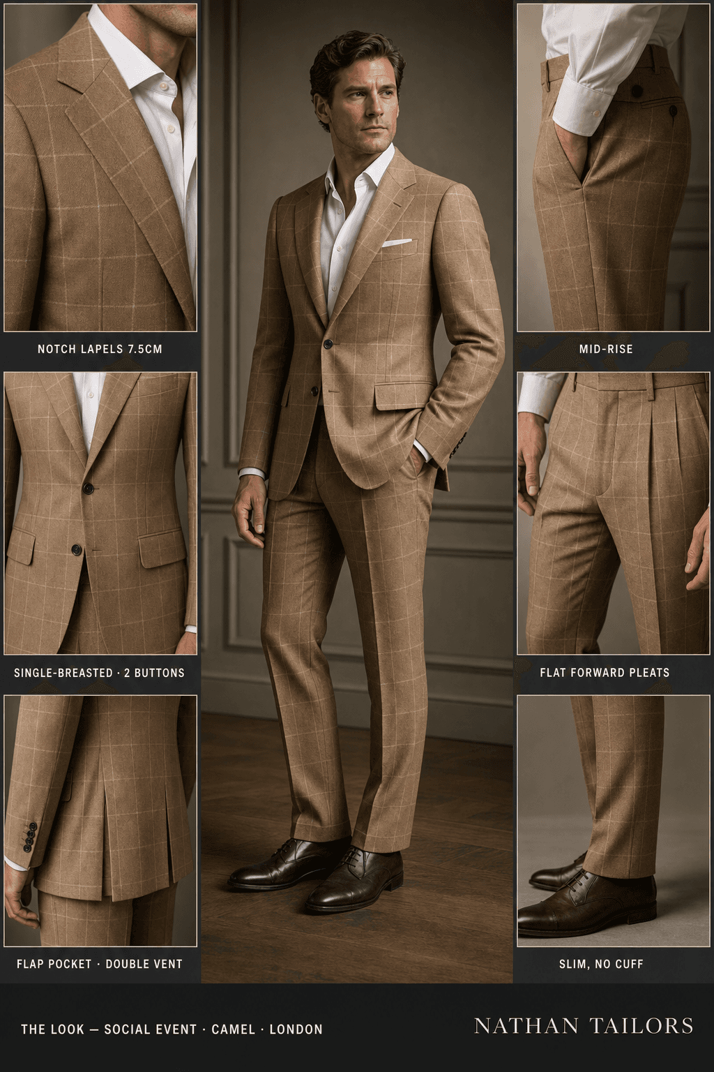 camel windowpane single-breasted notch-lapel online custom suit — designed online at RemoteSuit. Made-to-measure online custom suit available from $129.