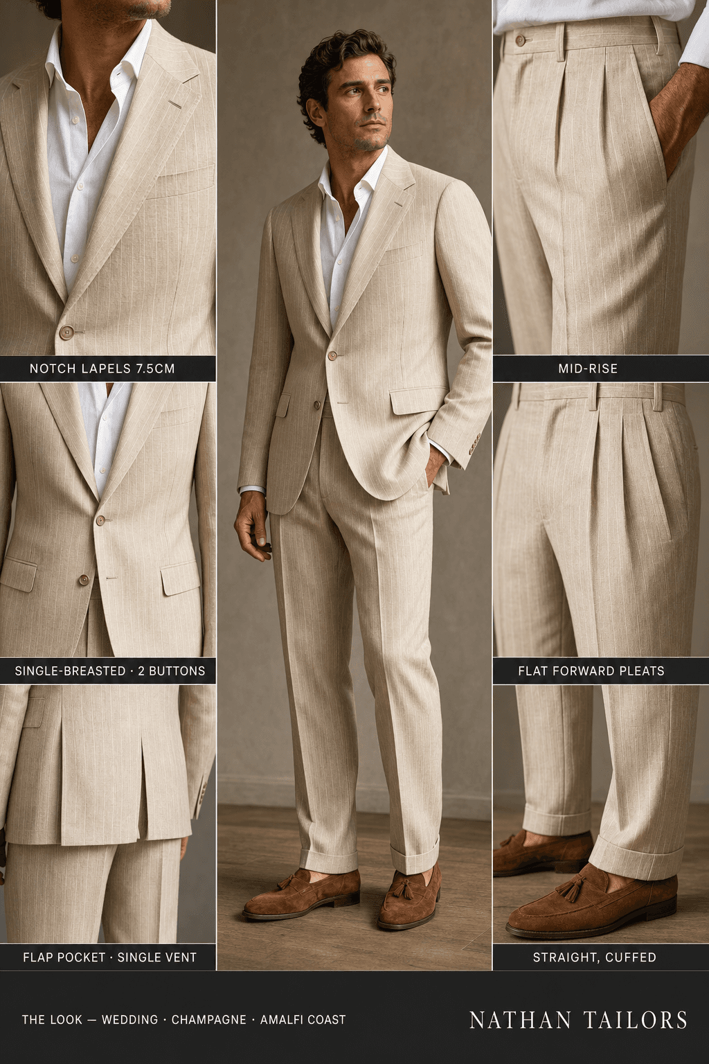 champagne chalk stripe single-breasted notch-lapel online custom suit — designed online at RemoteSuit. Made-to-measure online custom suit available from $129.