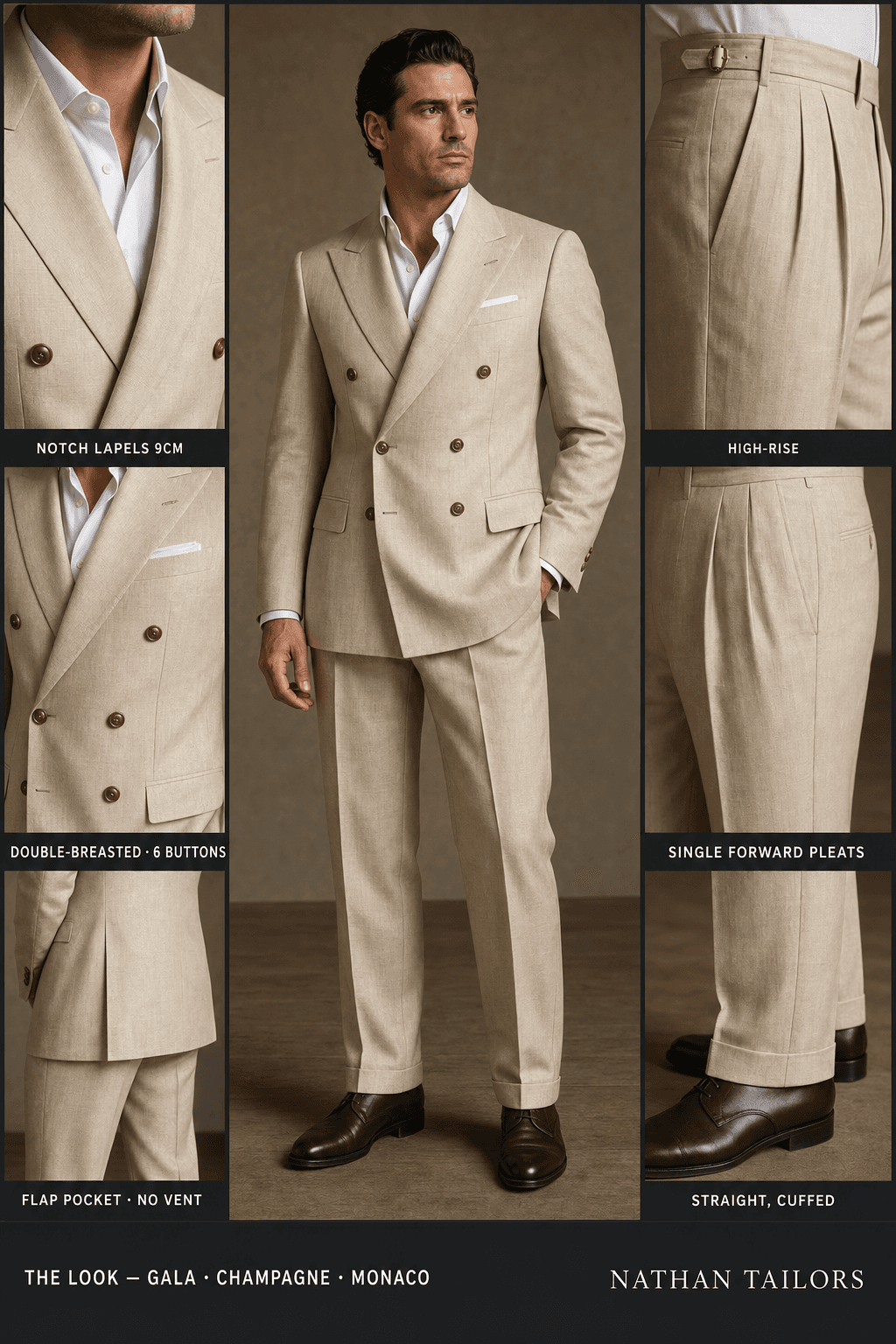 champagne double-breasted online custom suit — designed at RemoteSuit, made to measure online