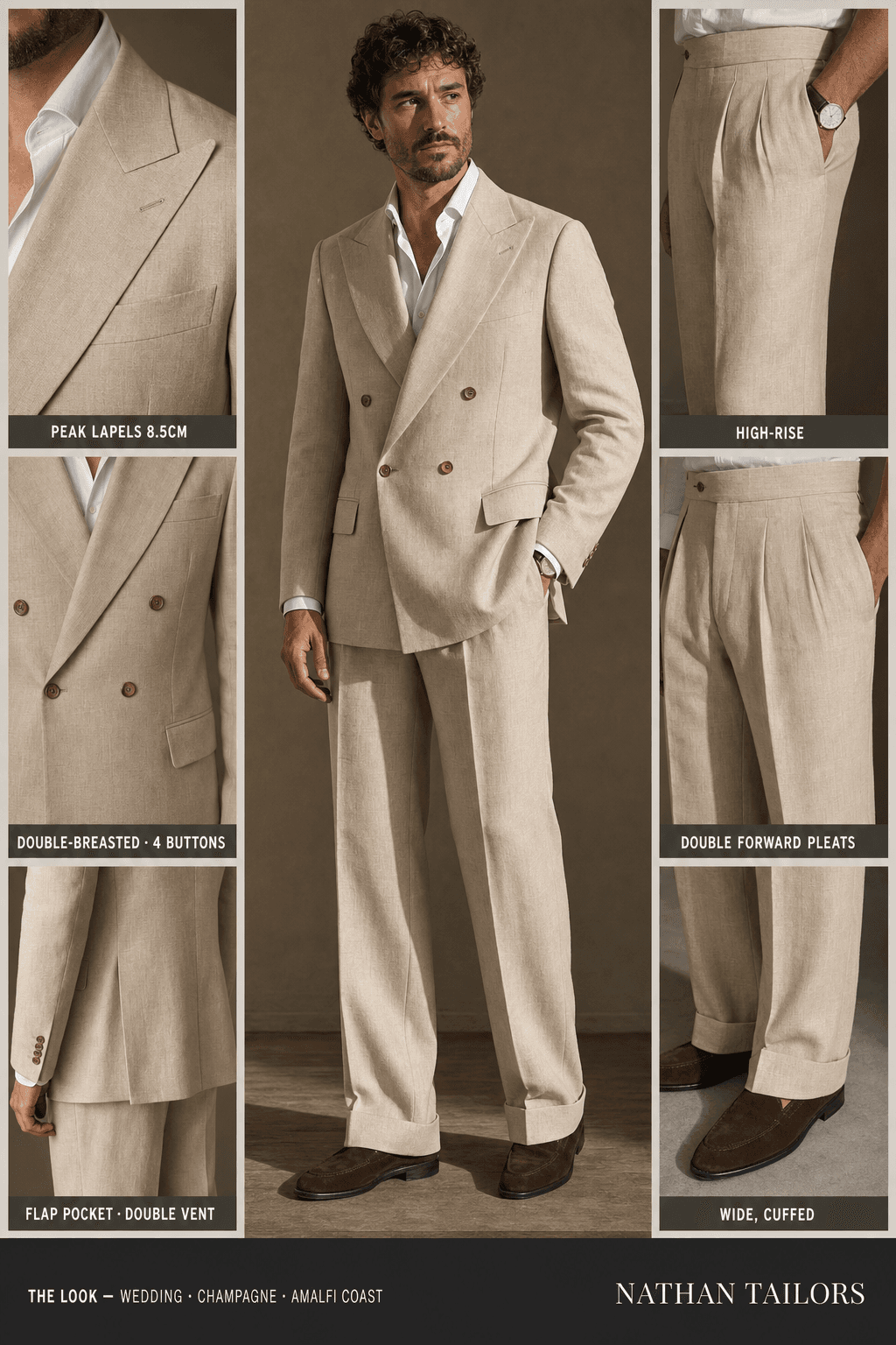 champagne double-breasted peak-lapel online custom suit — designed online at RemoteSuit. Made-to-measure online custom suit available from $129.