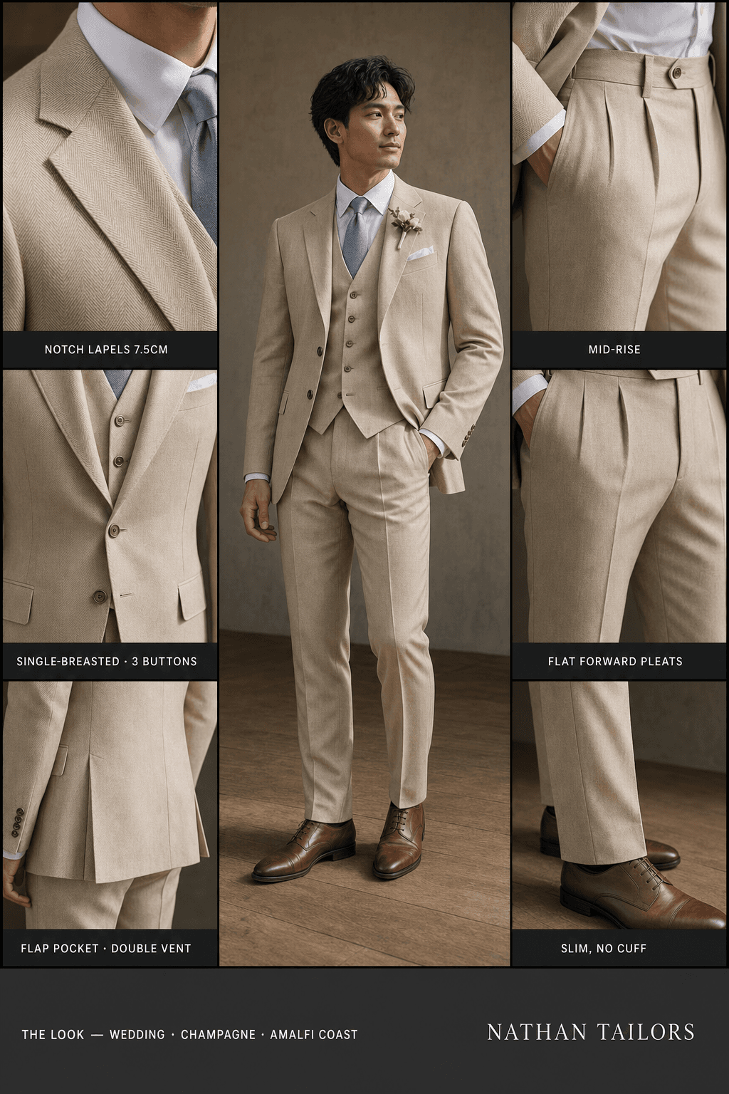 champagne herringbone single-breasted notch-lapel online custom suit — designed online at RemoteSuit. Made-to-measure online custom suit available from $129.