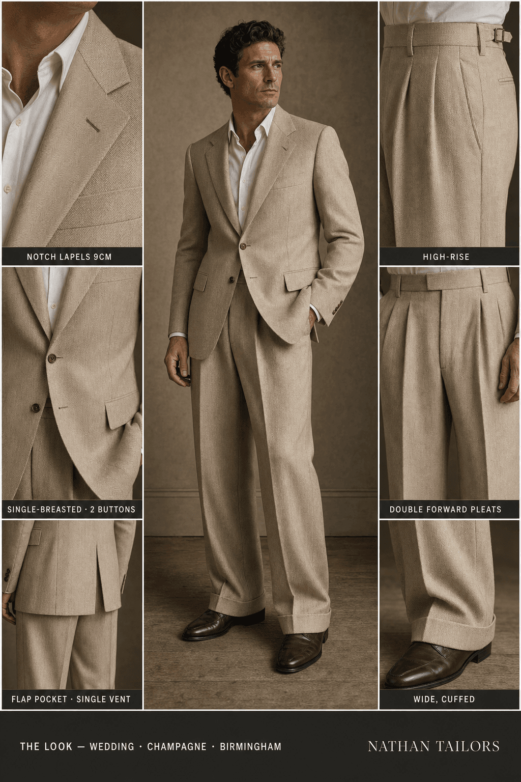 champagne herringbone single-breasted notch-lapel online custom suit — designed online at RemoteSuit. Made-to-measure online custom suit available from $149.