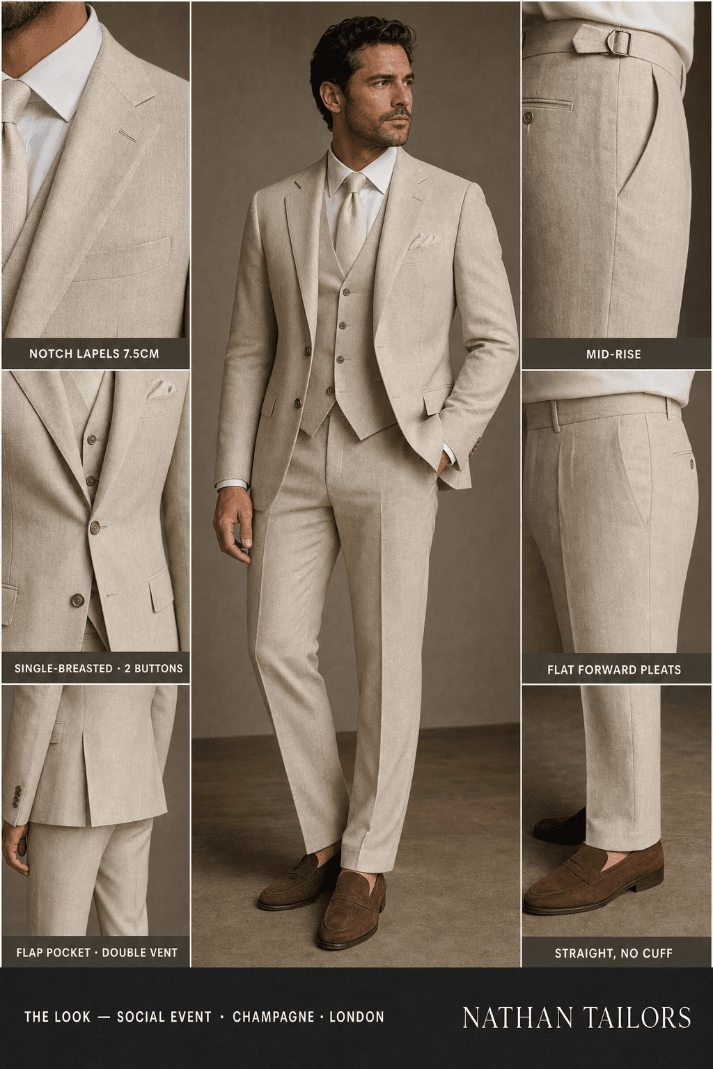 champagne single-breasted notch-lapel online custom suit — designed online at RemoteSuit. Made-to-measure online custom suit available from $149.