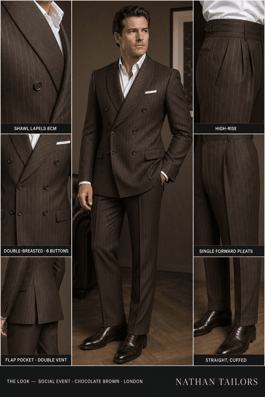 chocolate brown double-breasted online custom suit — designed at RemoteSuit, made to measure online