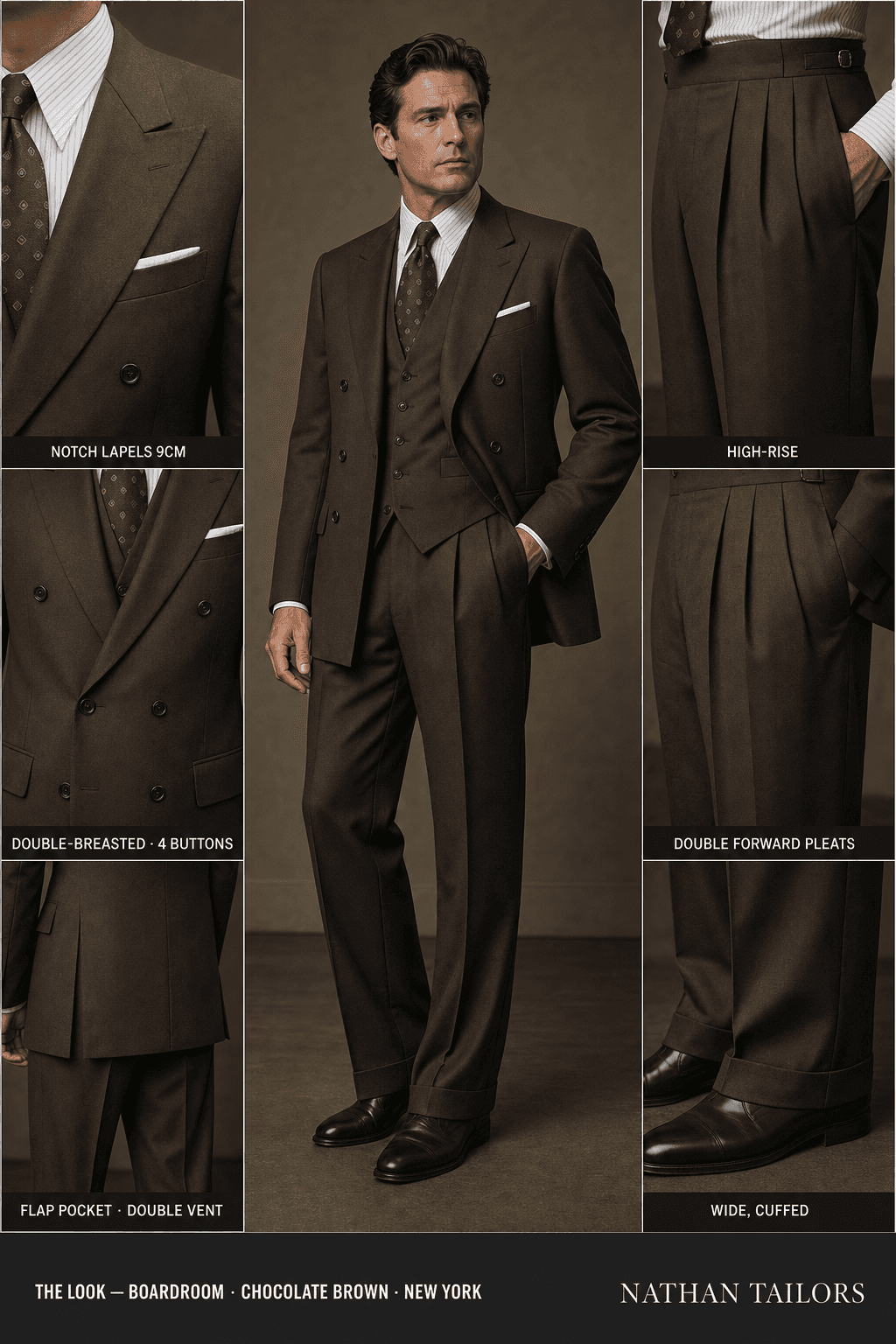 chocolate brown double-breasted notch-lapel online custom suit — designed online at RemoteSuit. Made-to-measure online custom suit available from $129.