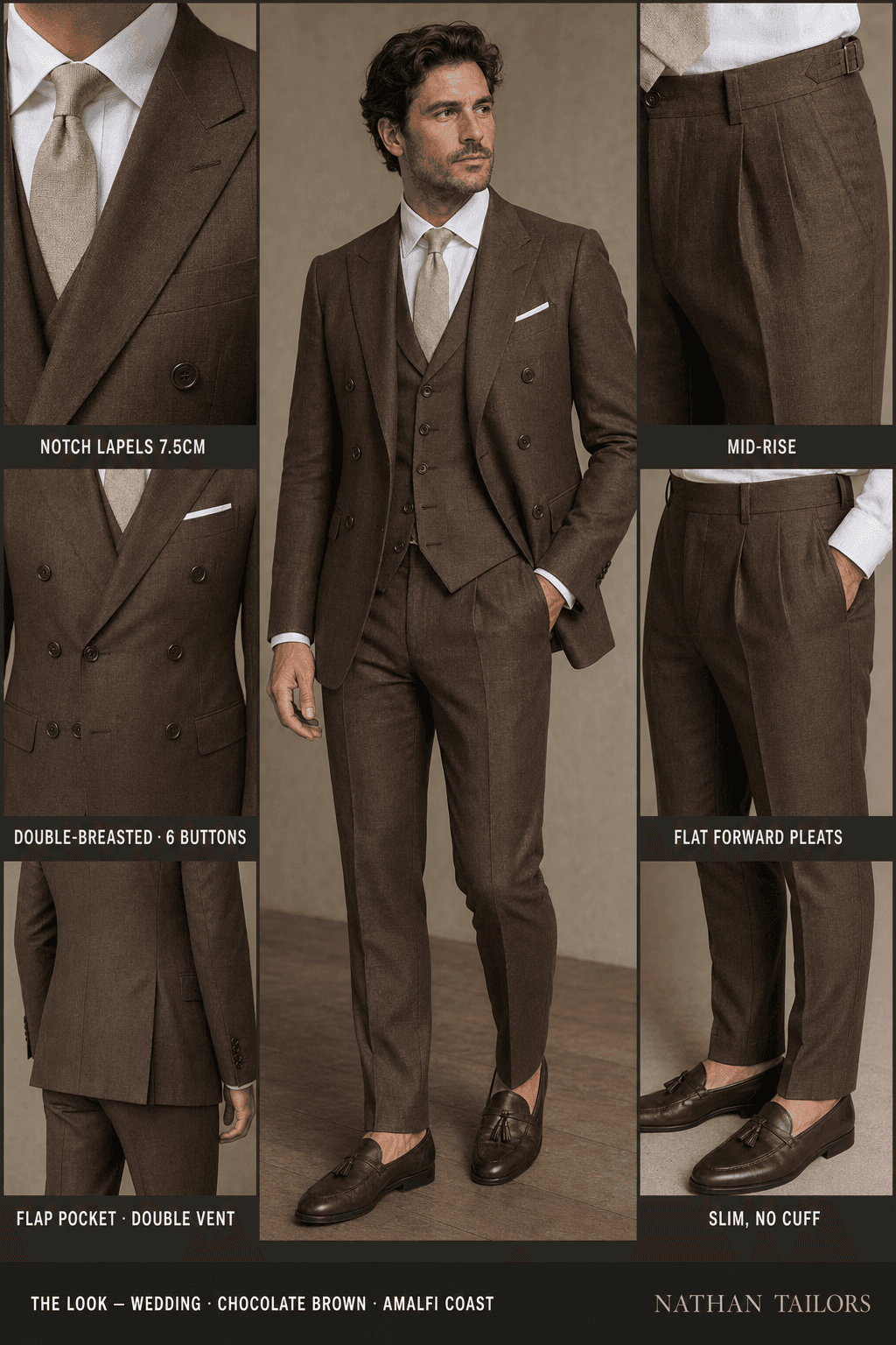 chocolate brown double-breasted notch-lapel online custom suit — designed online at RemoteSuit. Made-to-measure online custom suit available from $129.