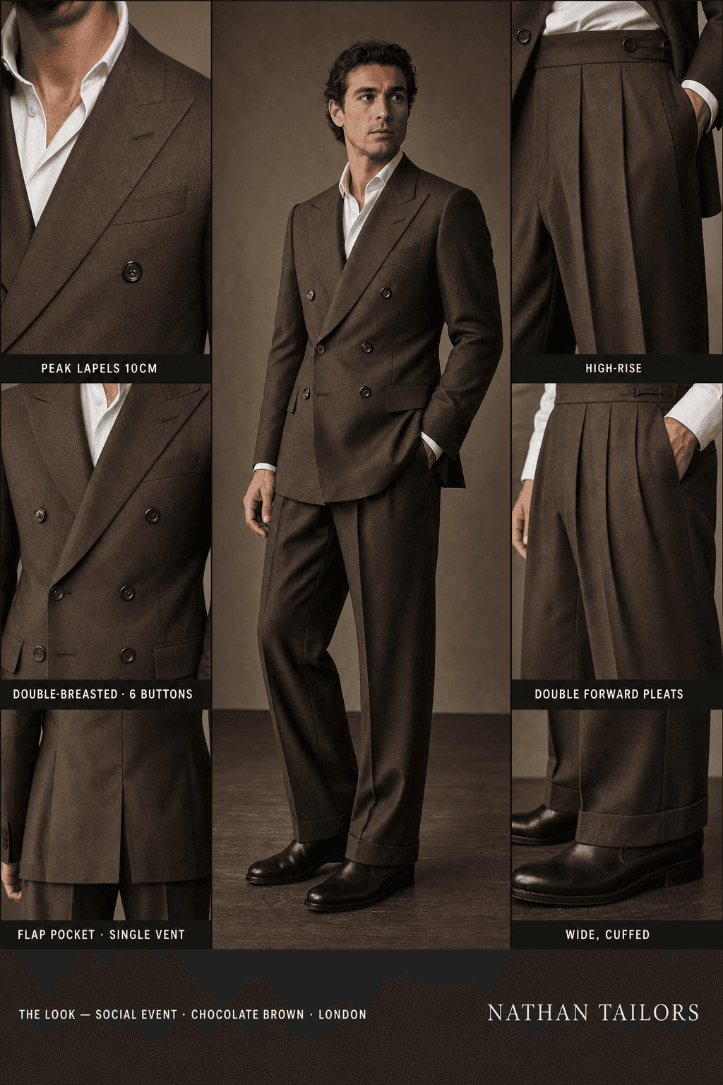 chocolate brown double-breasted peak-lapel online custom suit — designed online at RemoteSuit. Made-to-measure online custom suit available from $109.