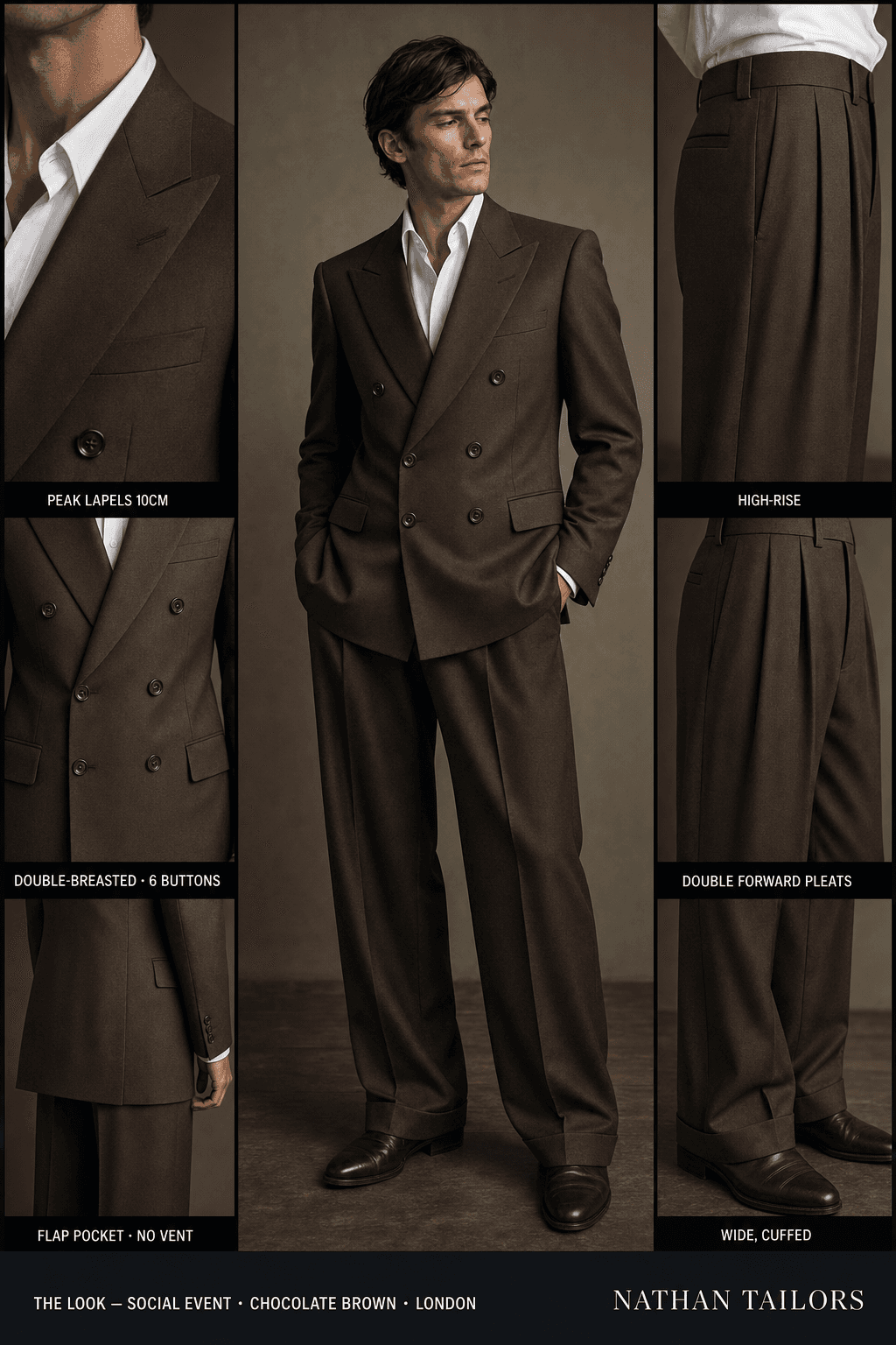 chocolate brown double-breasted peak-lapel online custom suit — designed online at RemoteSuit. Made-to-measure online custom suit available from $129.