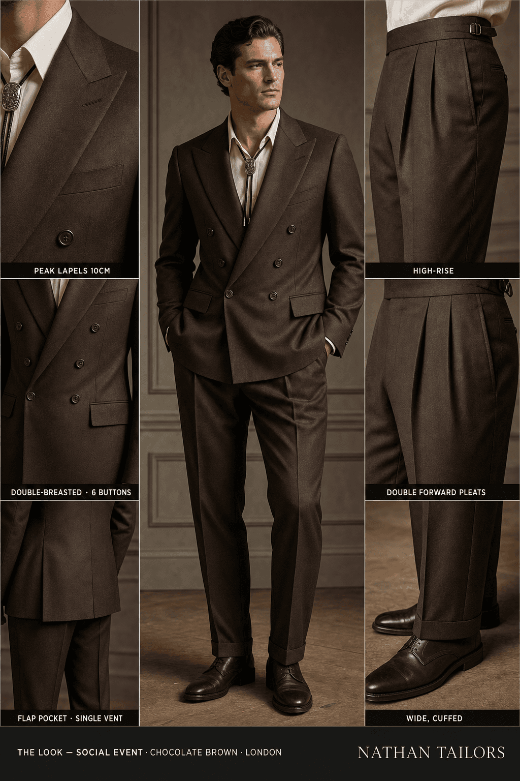 chocolate brown double-breasted peak-lapel online custom suit — designed online at RemoteSuit. Made-to-measure online custom suit available from $129.