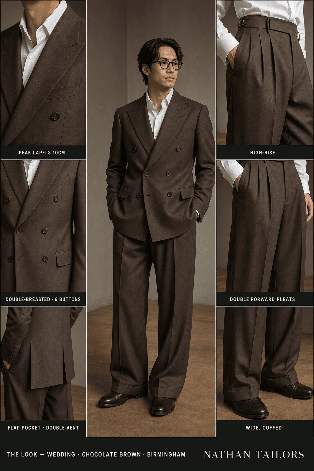 chocolate brown double-breasted peak-lapel online custom suit — designed online at RemoteSuit. Made-to-measure online custom suit available from $129.