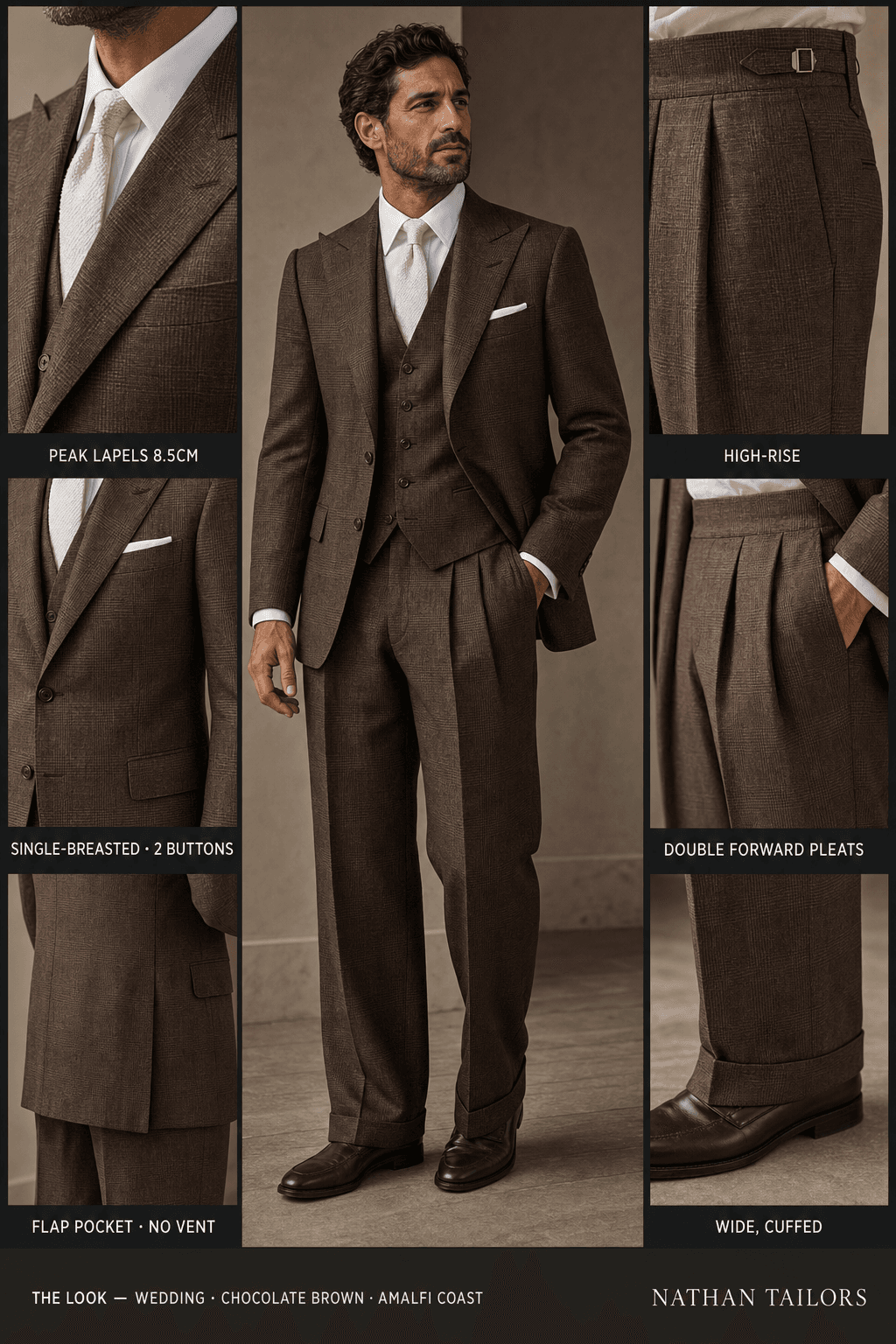 chocolate brown glen plaid single-breasted peak-lapel online custom suit — designed online at RemoteSuit. Made-to-measure online custom suit available from $129.