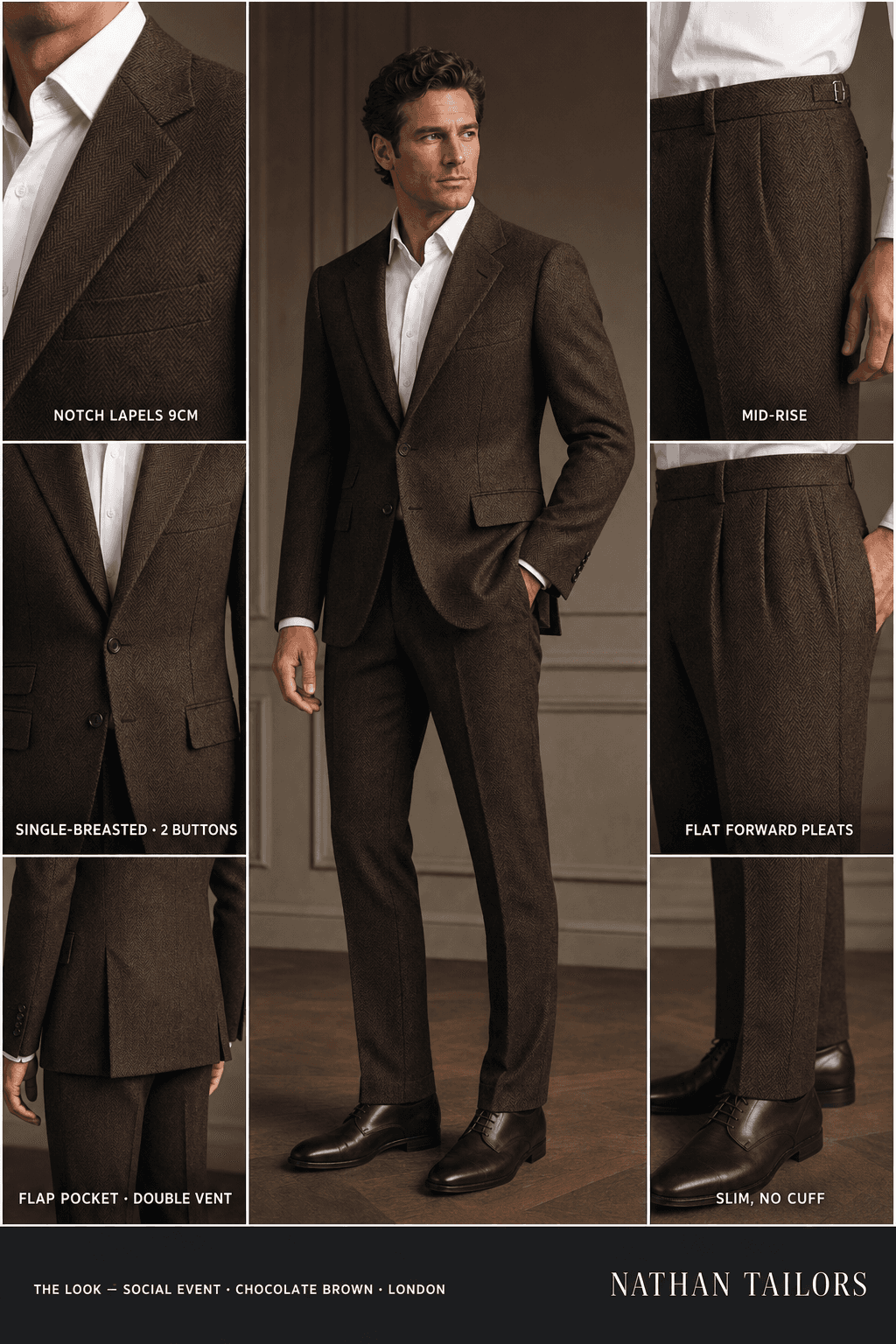 chocolate brown herringbone single-breasted notch-lapel online custom suit — designed online at RemoteSuit. Made-to-measure online custom suit available from $149.