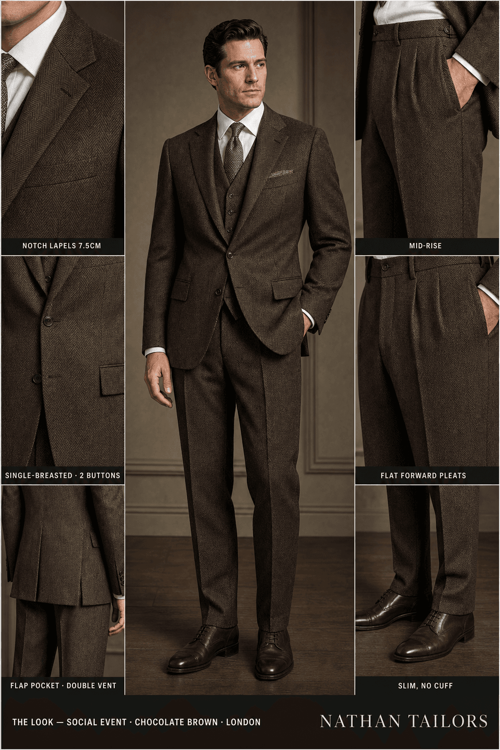 chocolate brown herringbone single-breasted notch-lapel online custom suit — designed online at RemoteSuit. Made-to-measure online custom suit available from $129.