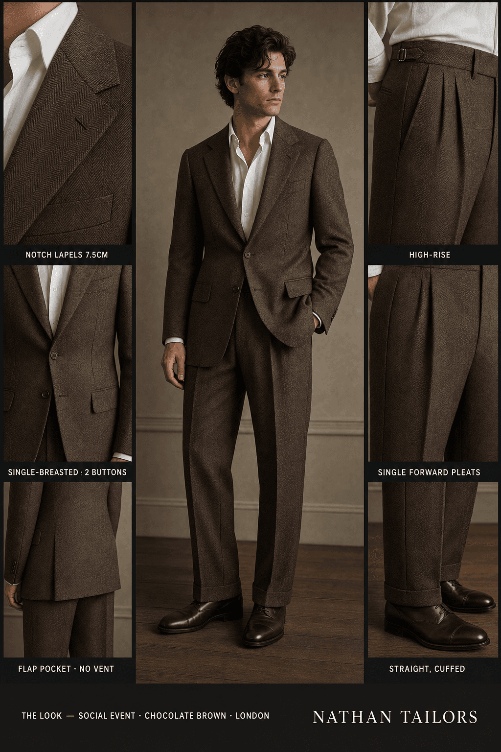 chocolate brown herringbone single-breasted notch-lapel online custom suit — designed online at RemoteSuit. Made-to-measure online custom suit available from $149.