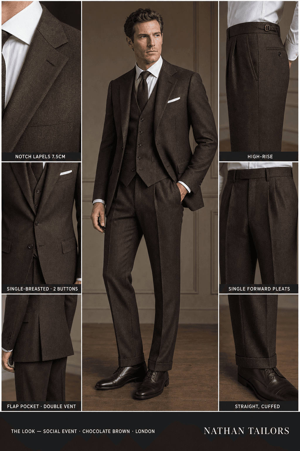 chocolate brown herringbone single-breasted notch-lapel online custom suit — designed online at RemoteSuit. Made-to-measure online custom suit available from $129.