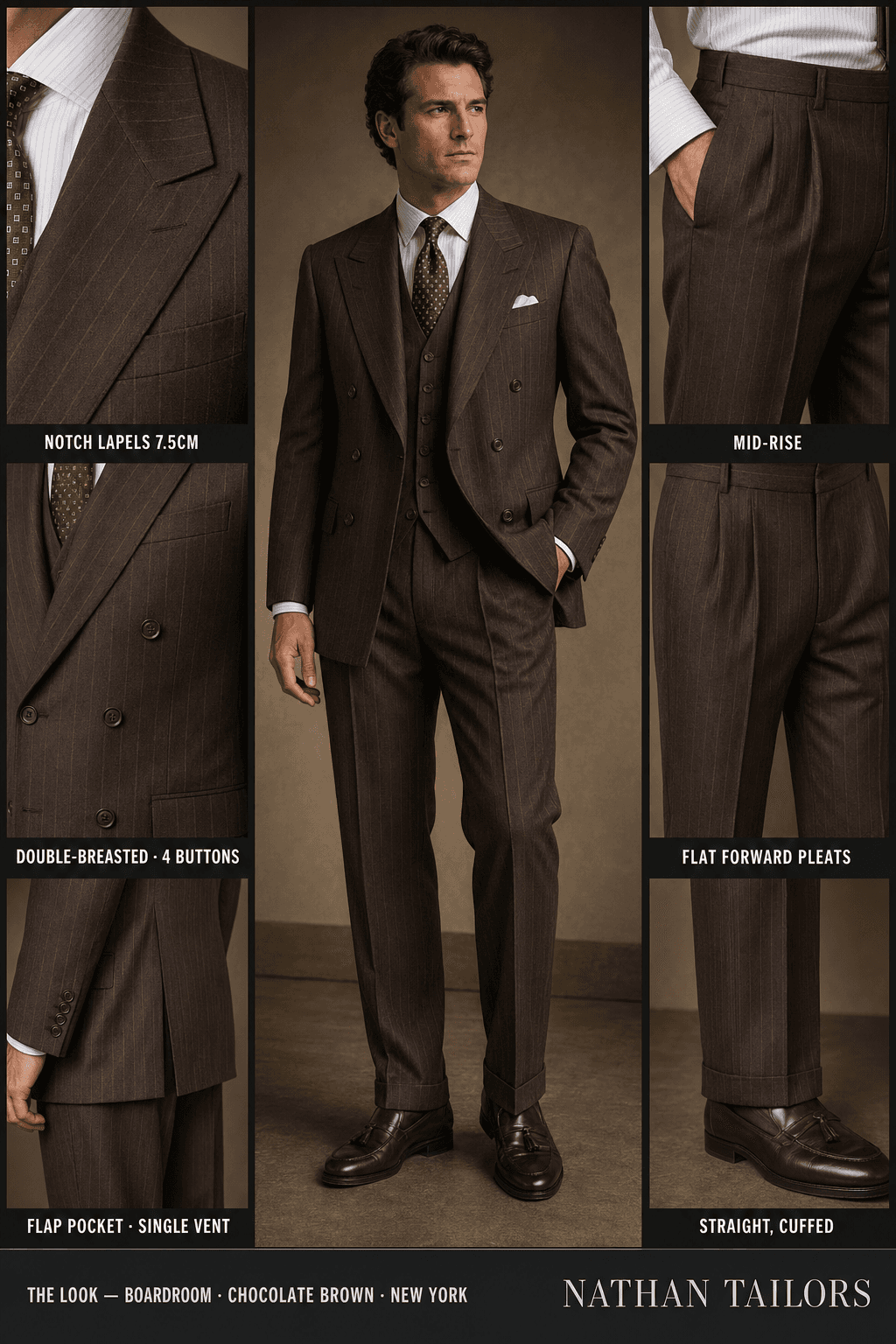 chocolate brown double-breasted online custom suit — designed at RemoteSuit, made to measure online