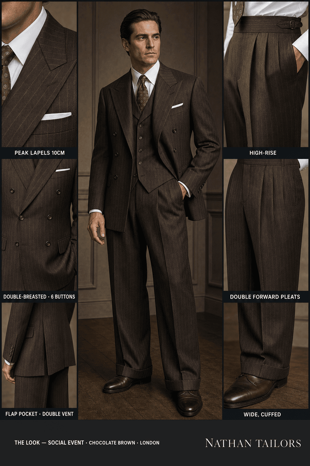 chocolate brown pinstripe double-breasted peak-lapel online custom suit — designed online at RemoteSuit. Made-to-measure online custom suit available from $129.