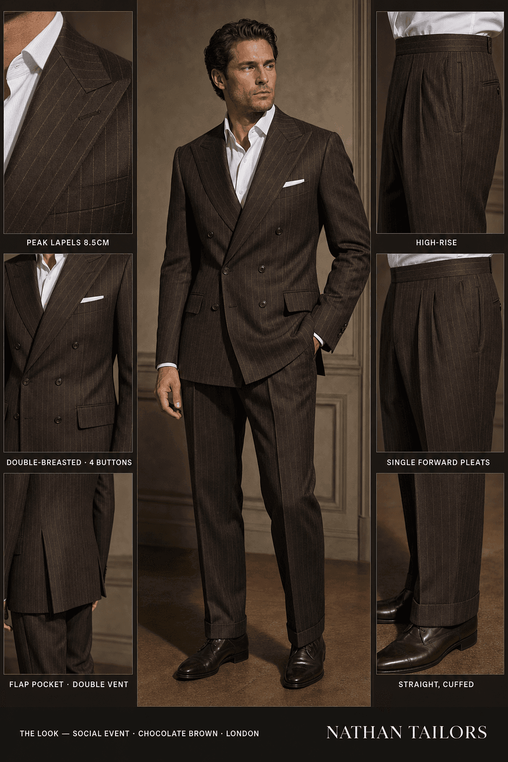 chocolate brown pinstripe double-breasted peak-lapel online custom suit — designed online at RemoteSuit. Made-to-measure online custom suit available from $129.