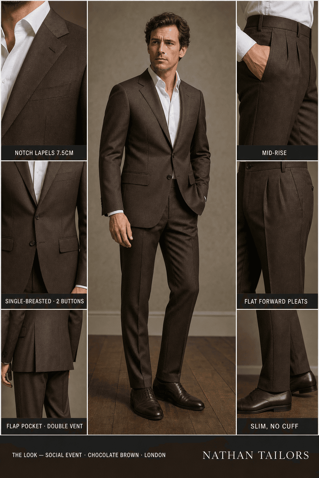 chocolate brown single-breasted notch-lapel online custom suit — designed online at RemoteSuit. Made-to-measure online custom suit available from $129.