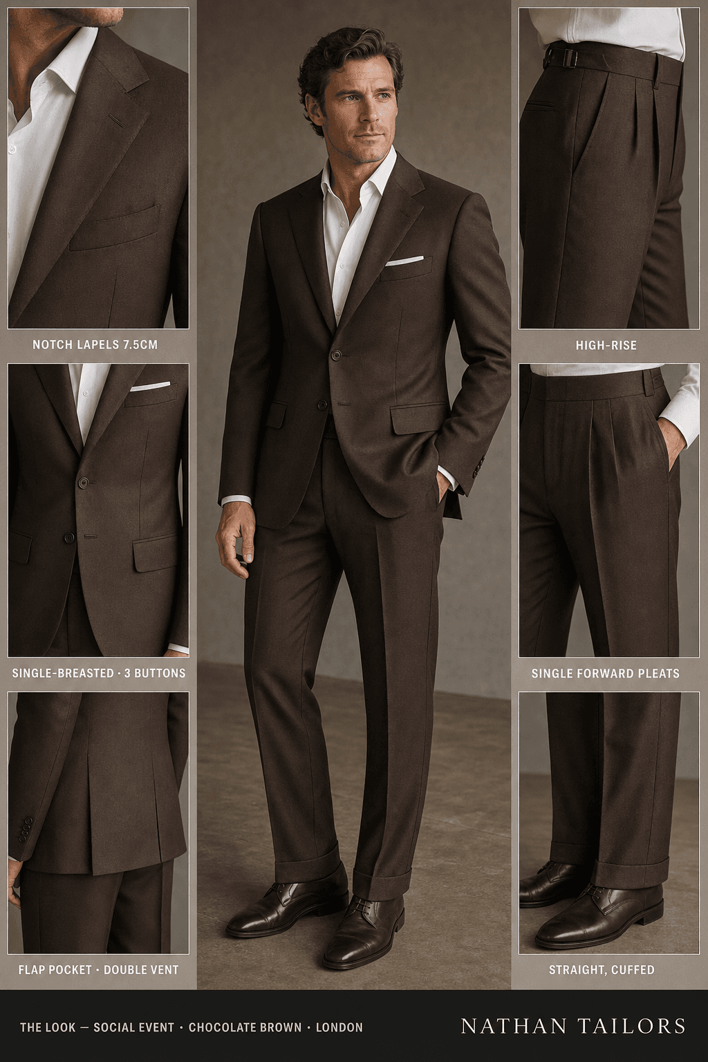 chocolate brown single-breasted notch-lapel online custom suit — designed online at RemoteSuit. Made-to-measure online custom suit available from $149.