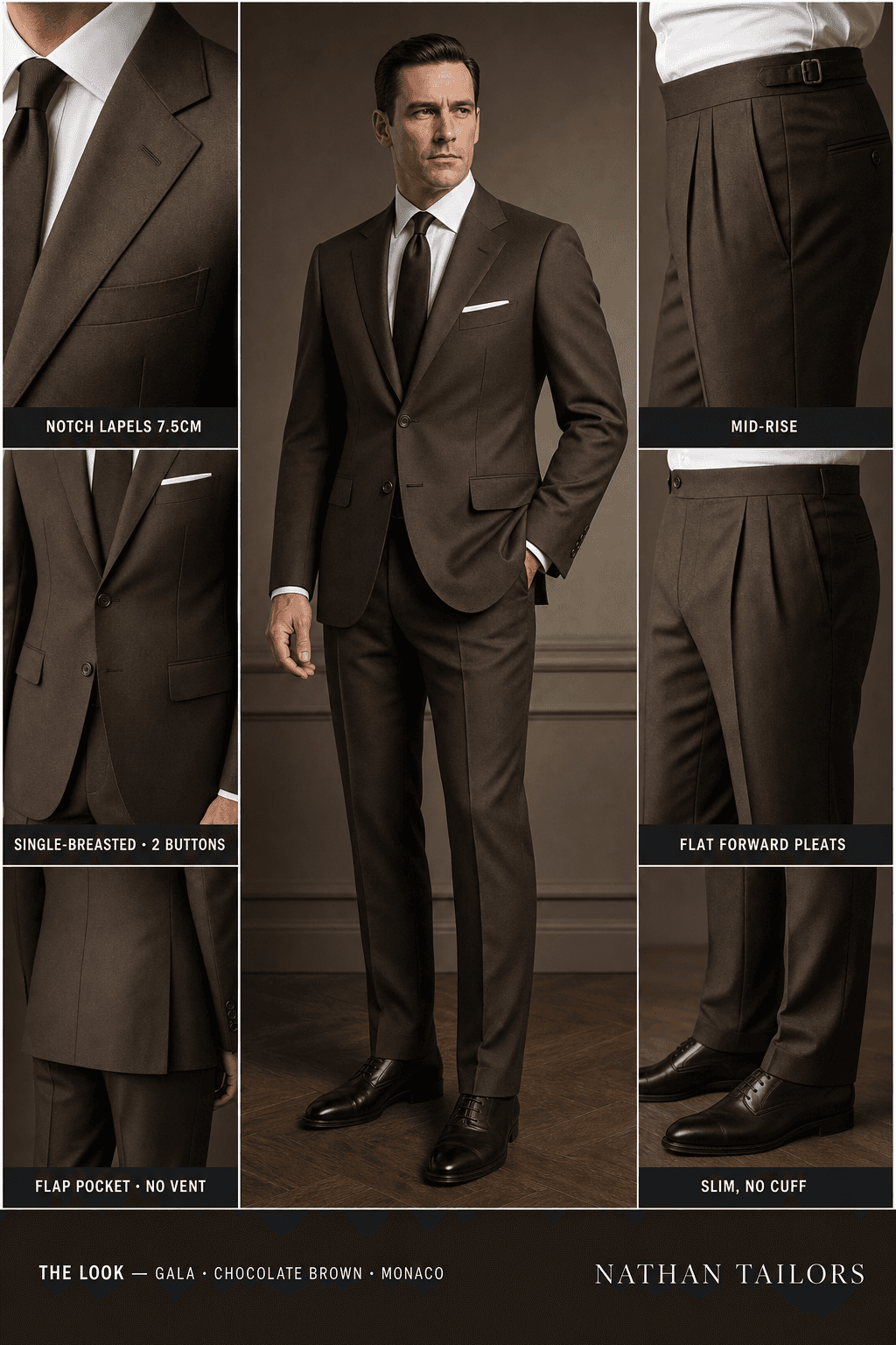 chocolate brown single-breasted notch-lapel online custom suit — designed online at RemoteSuit. Made-to-measure online custom suit available from $129.