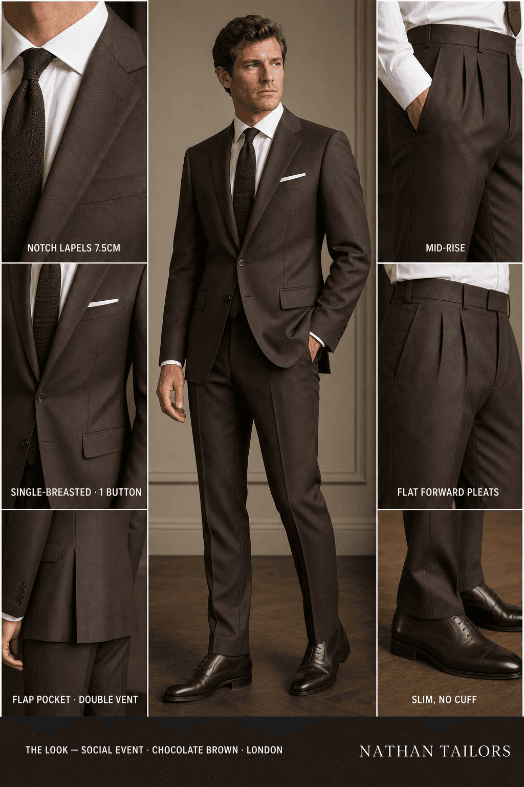 chocolate brown single-breasted notch-lapel online custom suit — designed online at RemoteSuit. Made-to-measure online custom suit available from $129.