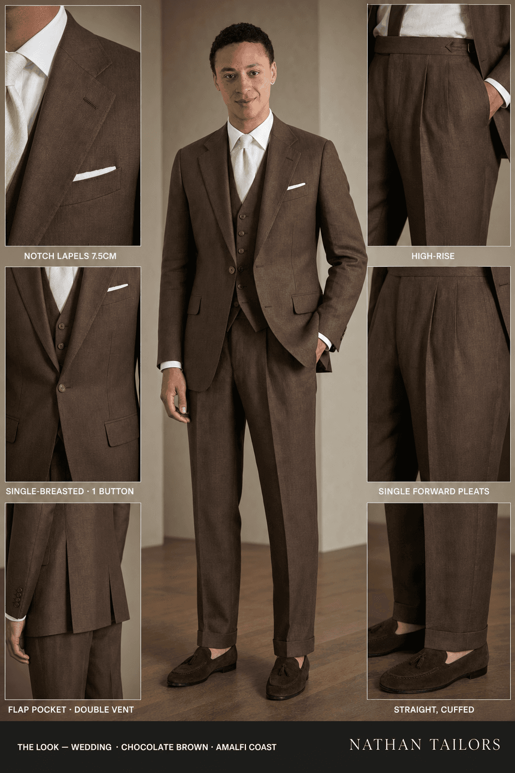 chocolate brown single-breasted notch-lapel online custom suit — designed online at RemoteSuit. Made-to-measure online custom suit available from $129.