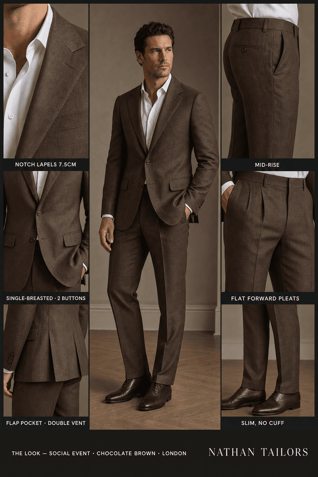 chocolate brown single-breasted notch-lapel online custom suit — designed online at RemoteSuit. Made-to-measure online custom suit available from $129.