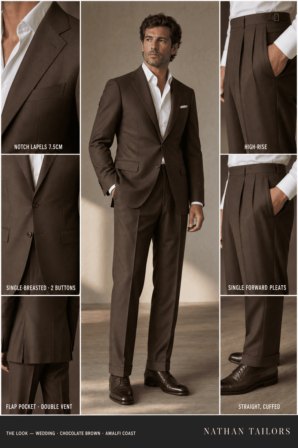 chocolate brown single-breasted notch-lapel online custom suit — designed online at RemoteSuit. Made-to-measure online custom suit available from $109.