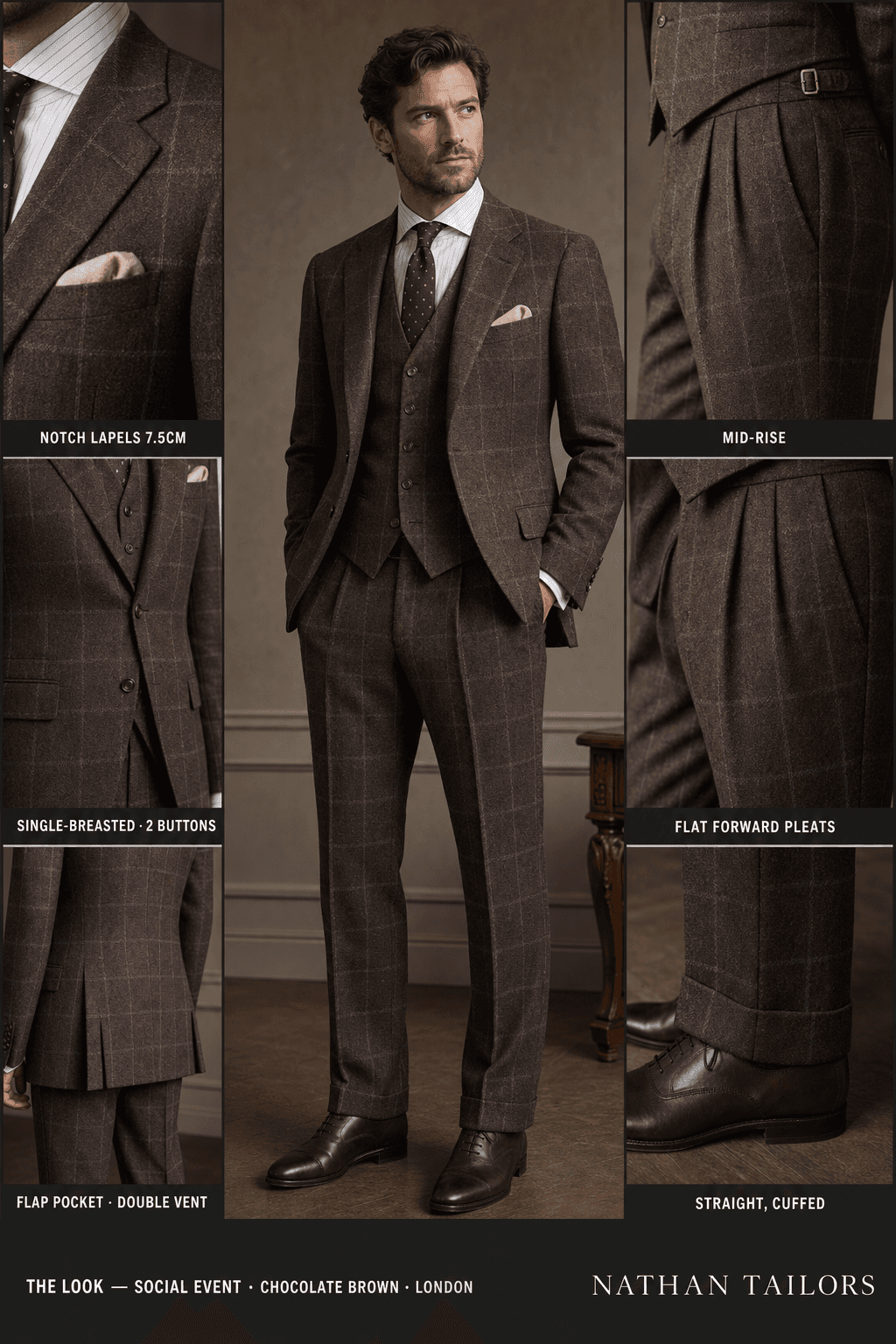 chocolate brown single-breasted notch-lapel online custom suit — designed online at RemoteSuit. Made-to-measure online custom suit available from $129.