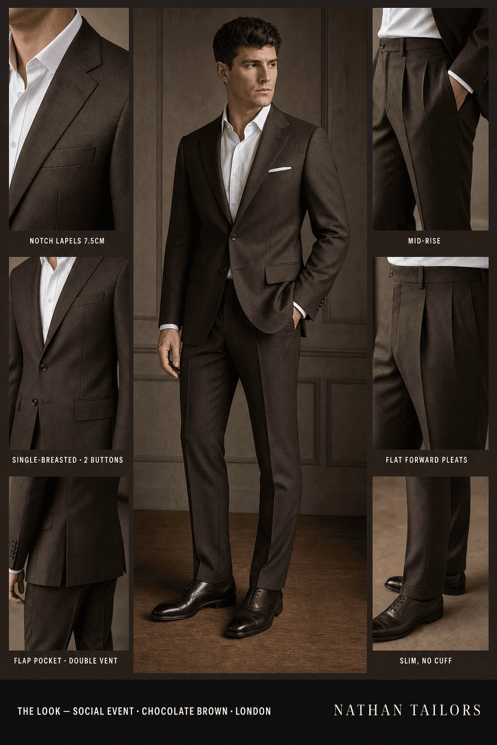 chocolate brown single-breasted notch-lapel online custom suit — designed online at RemoteSuit. Made-to-measure online custom suit available from $129.