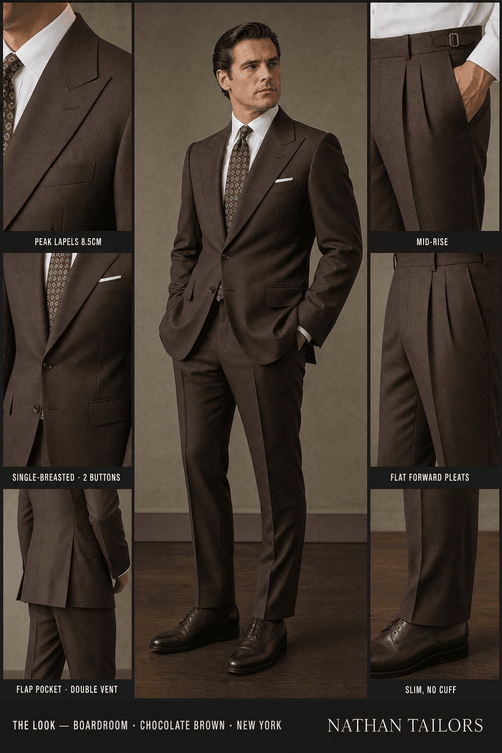 chocolate brown single-breasted peak-lapel online custom suit — designed online at RemoteSuit. Made-to-measure online custom suit available from $129.