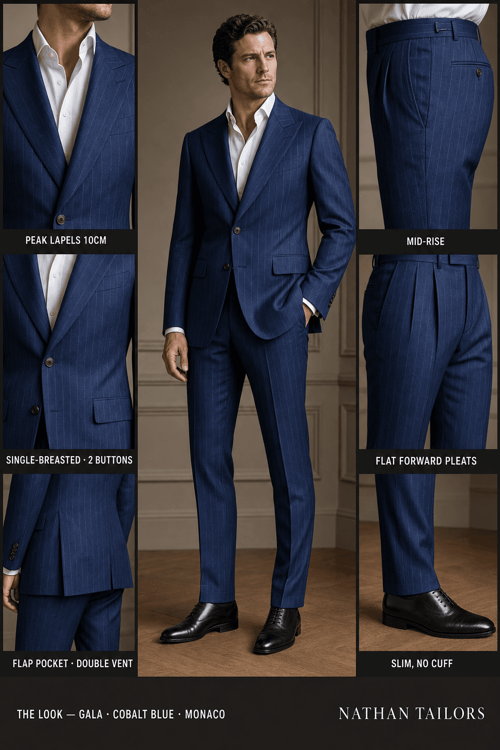 cobalt blue chalk stripe single-breasted peak-lapel online custom suit — designed online at RemoteSuit. Made-to-measure online custom suit available from $129.