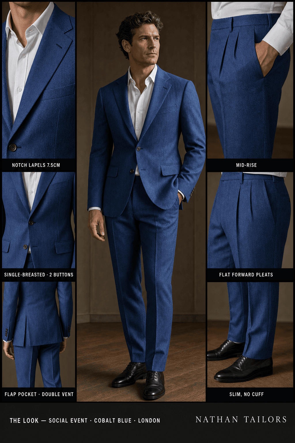 cobalt blue herringbone single-breasted notch-lapel online custom suit — designed online at RemoteSuit. Made-to-measure online custom suit available from $129.