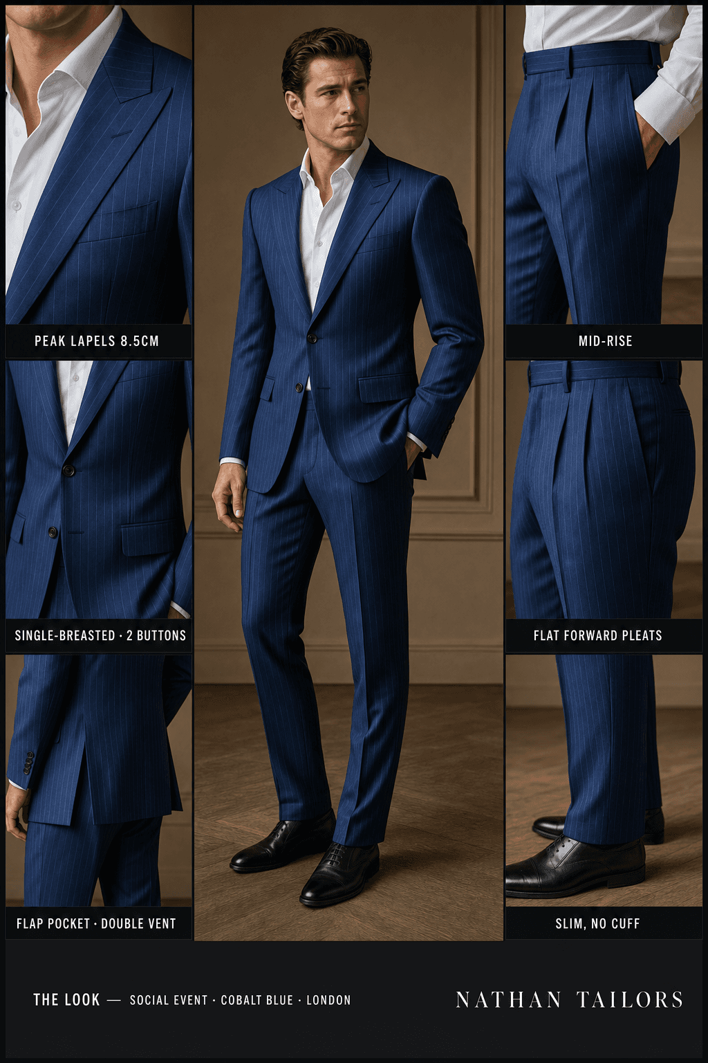 cobalt blue pinstripe single-breasted peak-lapel online custom suit — designed online at RemoteSuit. Made-to-measure online custom suit available from $129.