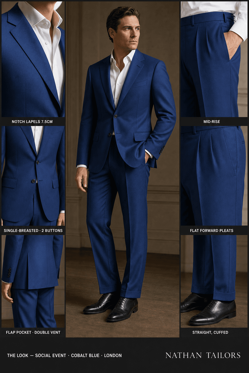 cobalt blue single-breasted notch-lapel online custom suit — designed online at RemoteSuit. Made-to-measure online custom suit available from $129.