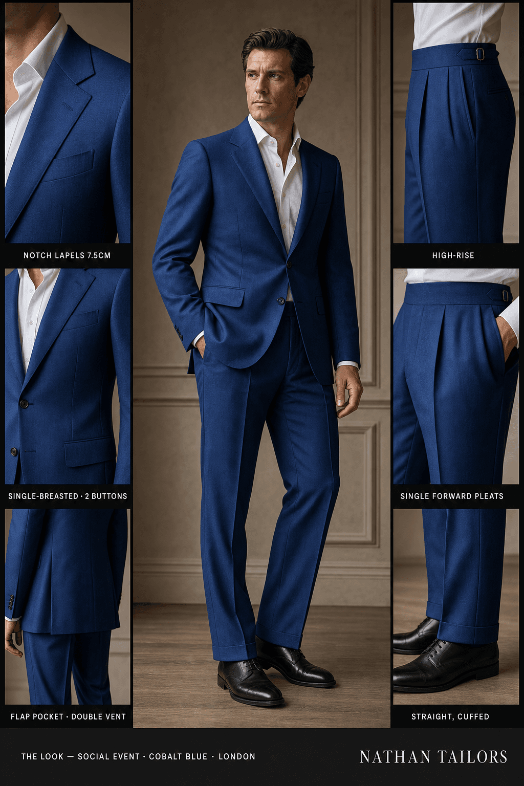 cobalt blue single-breasted notch-lapel online custom suit — designed online at RemoteSuit. Made-to-measure online custom suit available from $129.