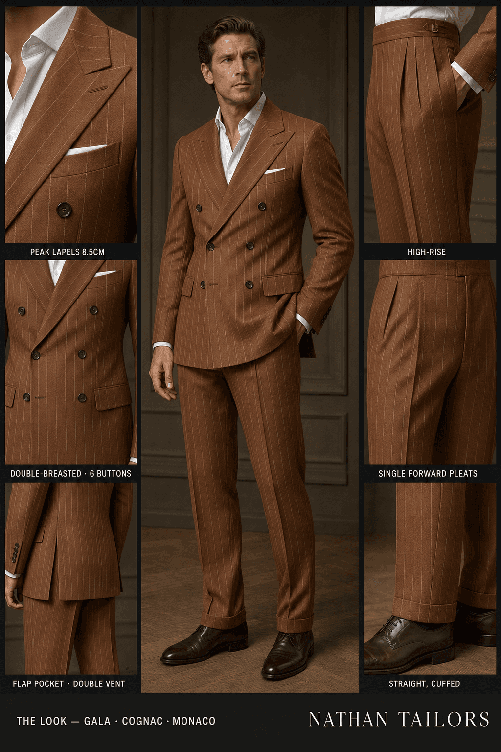 cognac double-breasted online custom suit — designed at RemoteSuit, made to measure online